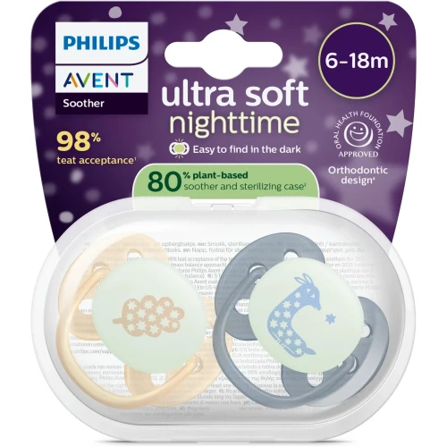 Suzetă ortodontică din silicon Philips Avent Ultra Soft Nighttime Beige Blue (6-18 luni), 2 buc. cumpăra în Chișinau