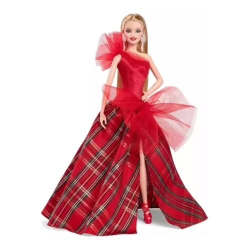 Păpușă de colecție Barbie Mattel Holiday 2024, blondă, în rochie roșie în carouri cumpăra în Chișinau