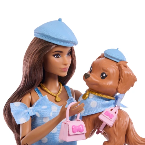 Кукла Barbie Twinning Looks JFP38, брюнетка с собачкой, голубое платье в горошек купить в Кишиневе