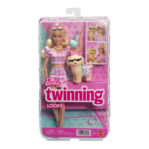 Păpușa Barbie Twinning Looks „Ținute Asortate” JFP36, blondă cu cățeluș, ținute roz în carouri cumpăra în Chișinau