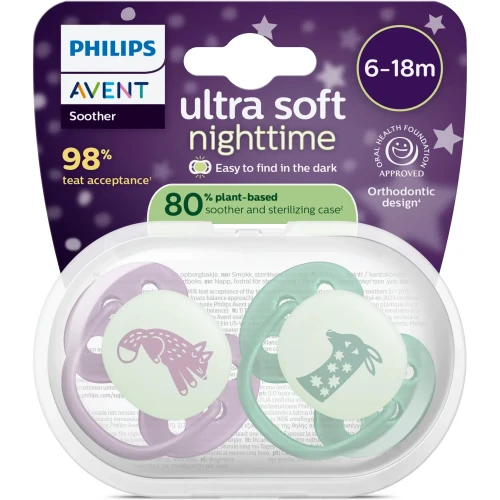 Suzetă ortodontică din silicon Philips Avent Ultra Soft Nighttime Violet Green (6-18 luni), 2 buc. cumpăra în Chișinau
