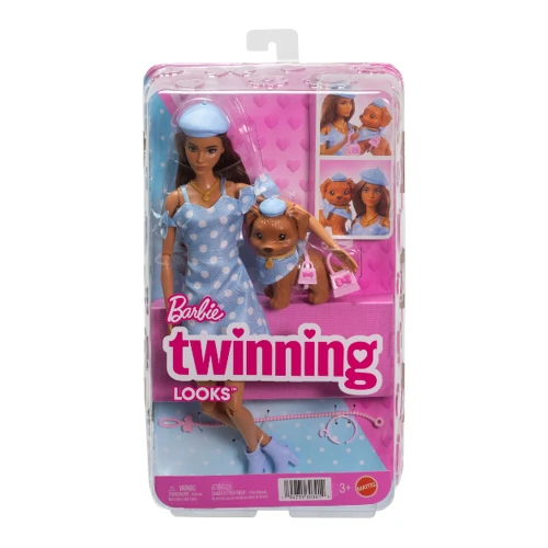 Кукла Barbie Twinning Looks JFP38, брюнетка с собачкой, голубое платье в горошек купить в Кишиневе