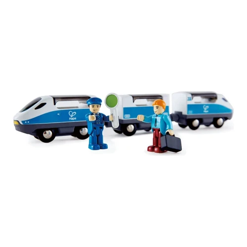 Tren de jucărie Hape Intercity cu trei vagoane și două figurine, alb-albastru cumpăra în Chișinau