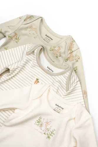Body cu mâneca lungă BabyCosy Rabbit Ecru & Soft Green, 3 buc. (6-9L) cumpăra în Chișinau