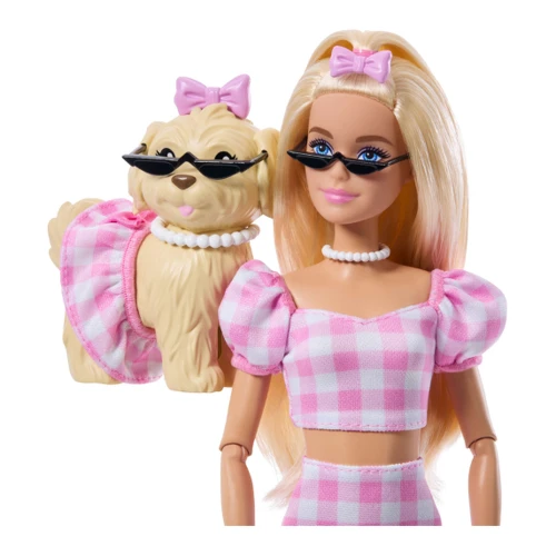 Păpușa Barbie Twinning Looks „Ținute Asortate” JFP36, blondă cu cățeluș, ținute roz în carouri cumpăra în Chișinau