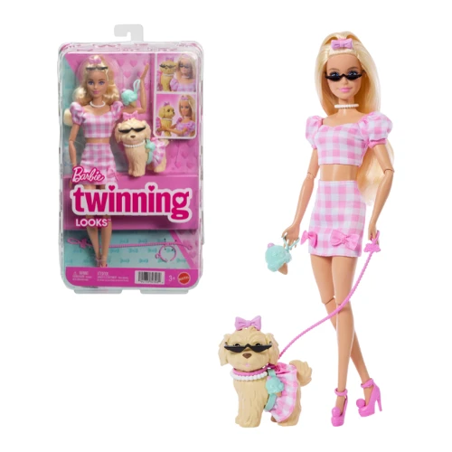 Păpușa Barbie Twinning Looks „Ținute Asortate” JFP36, blondă cu cățeluș, ținute roz în carouri cumpăra în Chișinau