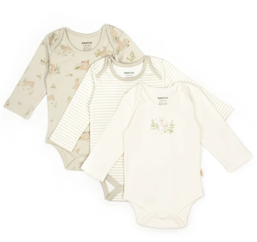 Body cu mâneca lungă BabyCosy Rabbit Ecru & Soft Green, 3 buc. (12-18L) cumpăra în Chișinau