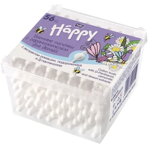 Ватные палочки Bella Baby Happy с экстрактом ромашки, подорожника и Д-пантенолом и с ограничителем, 56 шт. купить в Кишиневе