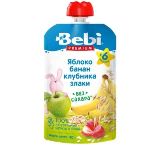 Пюре Bebi Premium Яблоко, банан, клубника и злаки (6 мес+), 90 г купить в Кишиневе