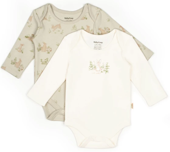 Body cu mâneca lungă BabyCosy Rabbit 1 Ecru & Soft Green, 2 buc. (6-9L) cumpăra în Chișinau