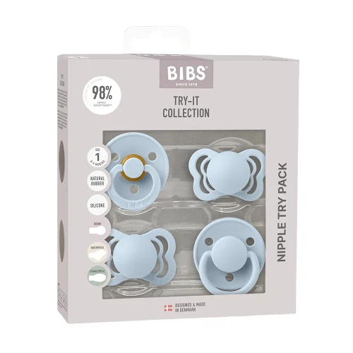 Набор из 4 пустышек из латекса и силикона Bibs Try-it Baby Blue, 0-6 мес. купить в Кишиневе
