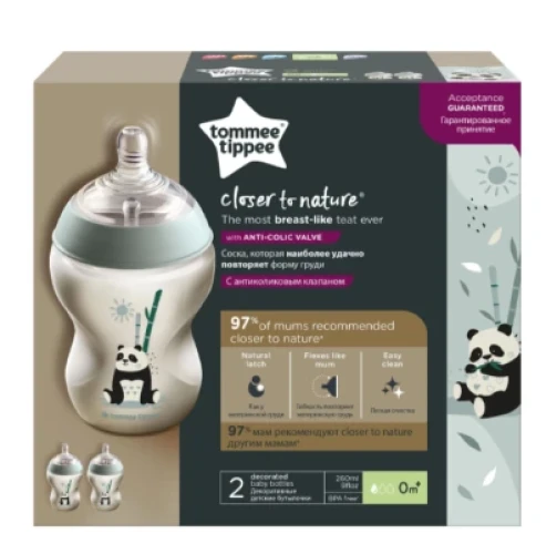 Декорированная бутылочка для кормления Tommee Tippee Панда 260 мл 2шт купить в Кишиневе