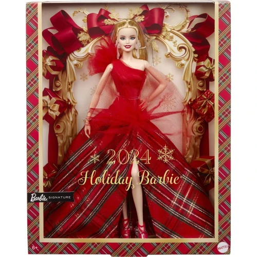 Păpușă de colecție Barbie Mattel Holiday 2024, blondă, în rochie roșie în carouri cumpăra în Chișinau