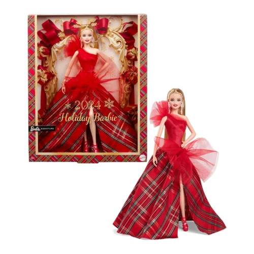 Păpușă de colecție Barbie Mattel Holiday 2024, blondă, în rochie roșie în carouri cumpăra în Chișinau