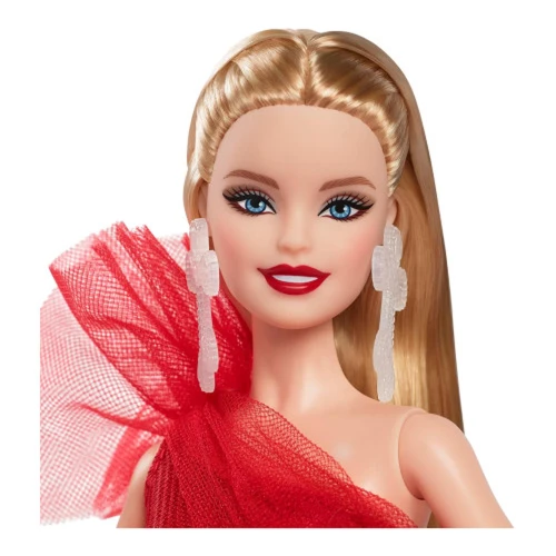 Păpușă de colecție Barbie Mattel Holiday 2024, blondă, în rochie roșie în carouri cumpăra în Chișinau