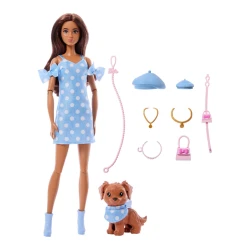 Кукла Barbie Twinning Looks JFP38, брюнетка с собачкой, голубое платье в горошек купить в Кишиневе. Фото 4