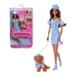 Кукла Barbie Twinning Looks JFP38, брюнетка с собачкой, голубое платье в горошек купить в Кишиневе. Фото 1