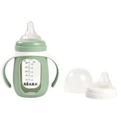 Oбучающая бутылочка 2в1 из стекла Beaba 4 м+ 210 мл Sage Green купить в Кишиневе. Фото 1