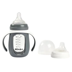 Oбучающая бутылочка 2в1 из стекла Beaba 4 м+ 210 мл Mineral Grey купить в Кишиневе