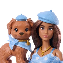 Кукла Barbie Twinning Looks JFP38, брюнетка с собачкой, голубое платье в горошек купить в Кишиневе. Фото 6