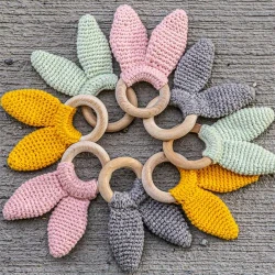 Jucarie pentru dentiție din bumbac cu inel din lemn BabyJem Amigurumi Roz cumpăra în Chișinau. Foto 5