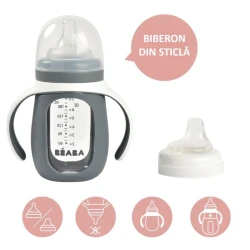 Oбучающая бутылочка 2в1 из стекла Beaba 4 м+ 210 мл Mineral Grey купить в Кишиневе. Фото 2