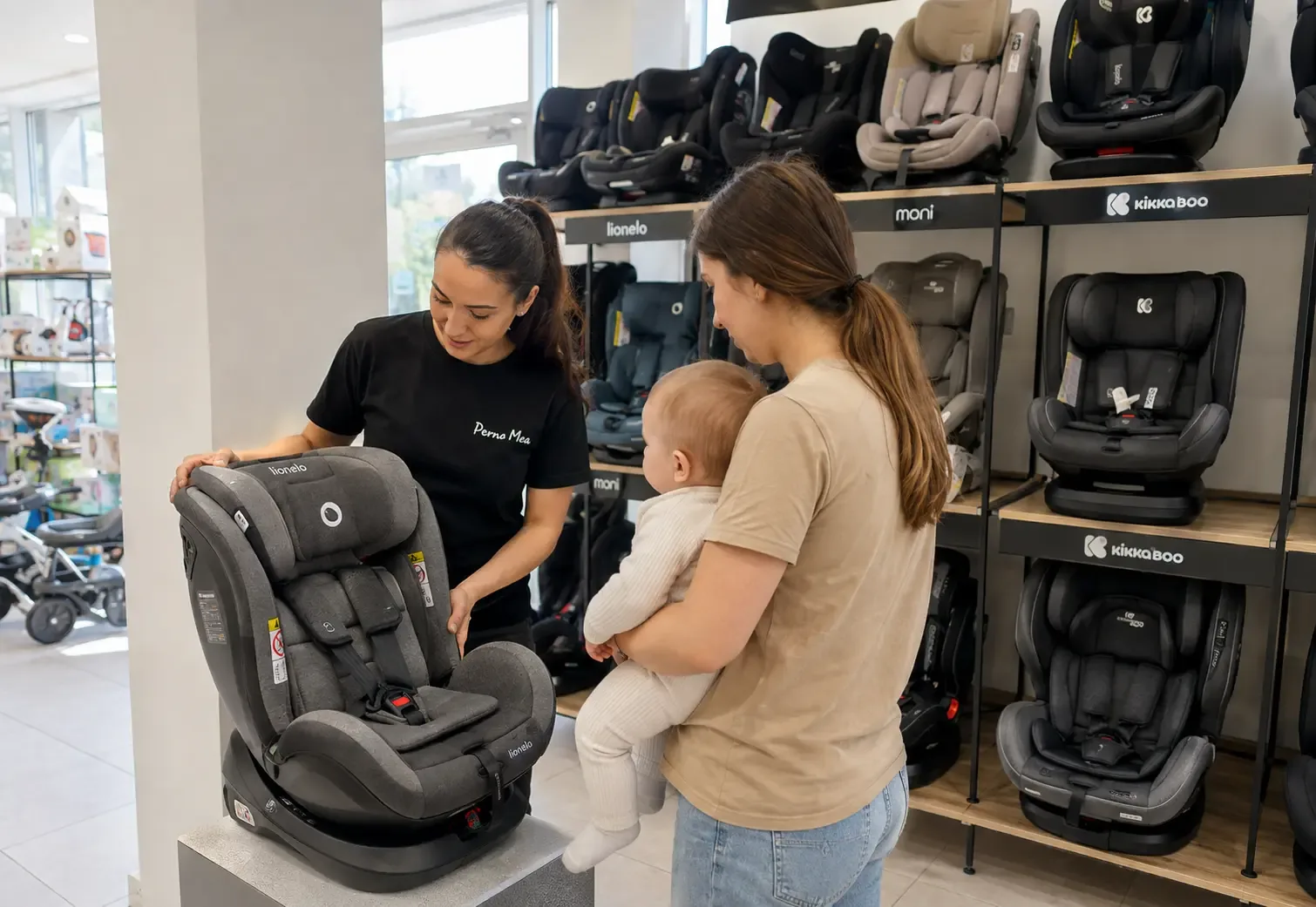 Consultantă PernaMea care arată un scaun auto unei mame cu bebelușul, în magazinul din Chișinău
