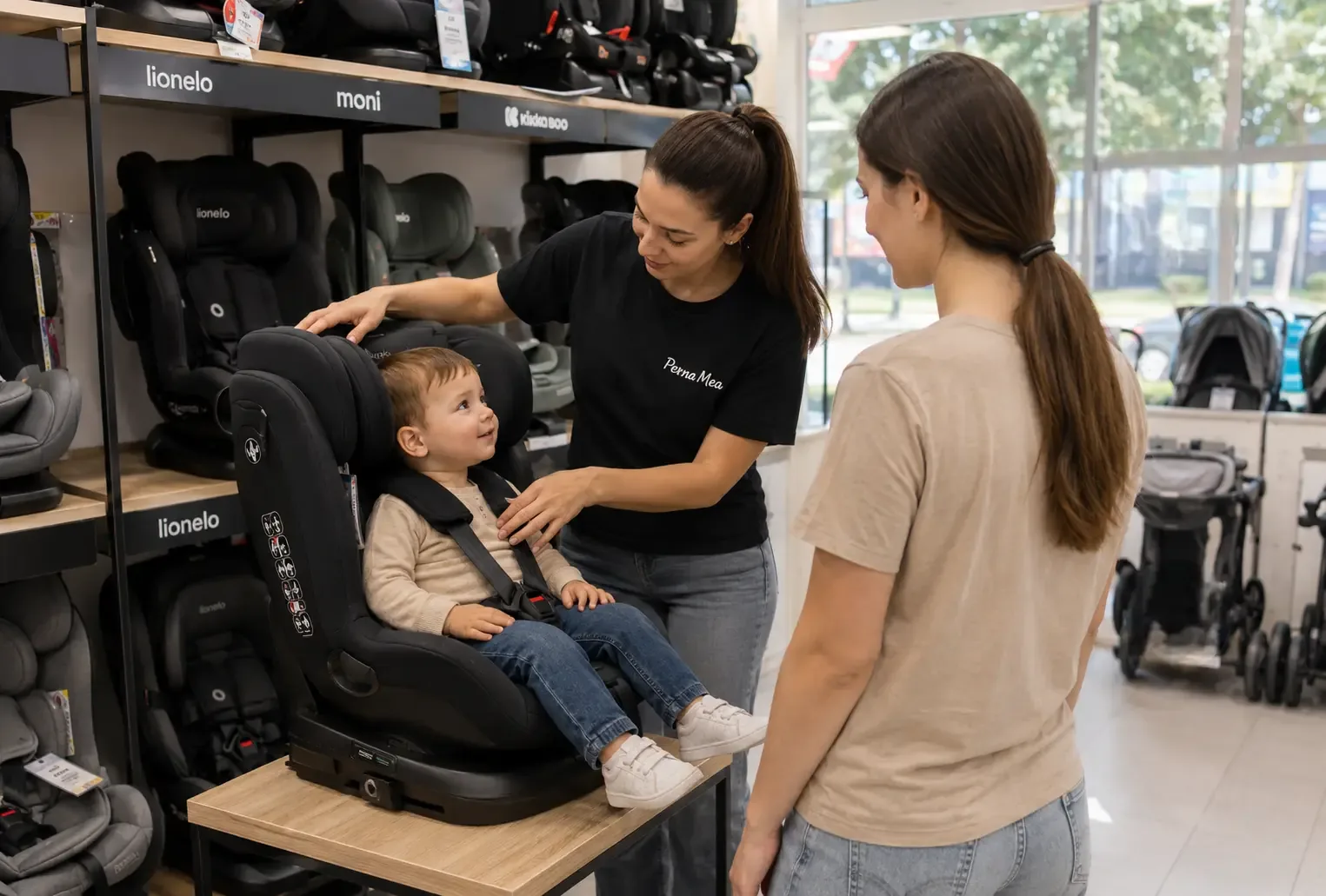 Consultantă PernaMea care explică reglarea hamului la un scaun auto i-Size, în magazinul din Chișinău