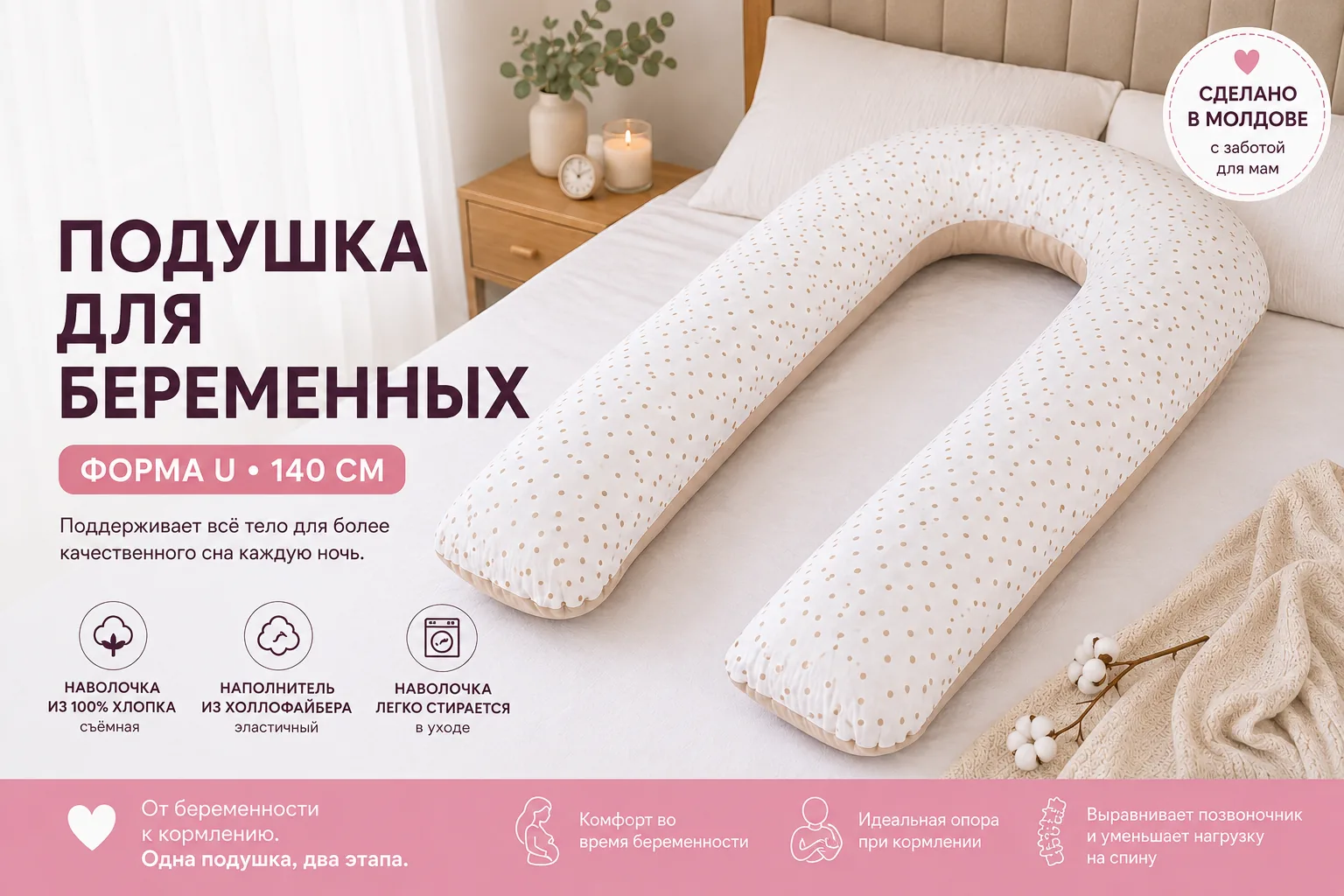 Подушка для беременных в форме U, 140 см, сшита в Молдове