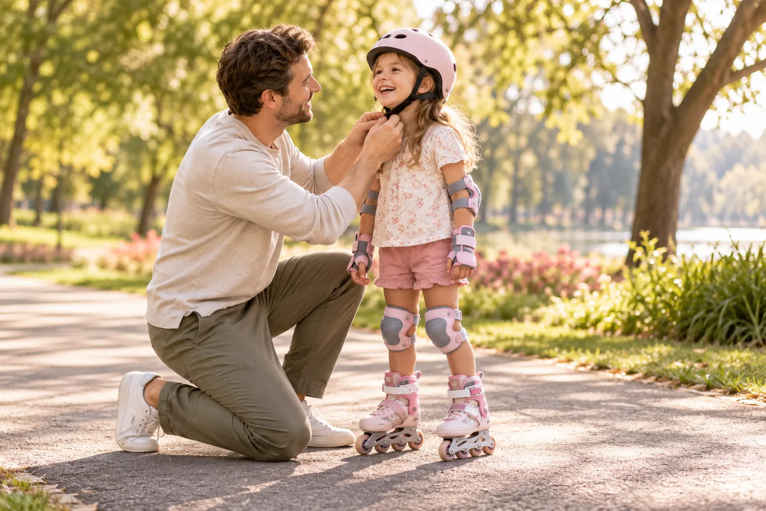 Tatăl îi potrivește casca fetiței înainte de plimbarea pe role în parc